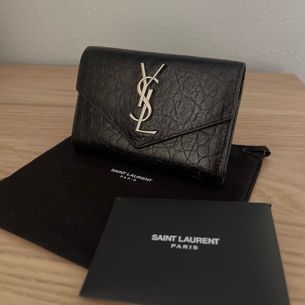 Yves Saint Laurent Cassandra Croc Embossed YSL Small Flap Wallet - Black Silver